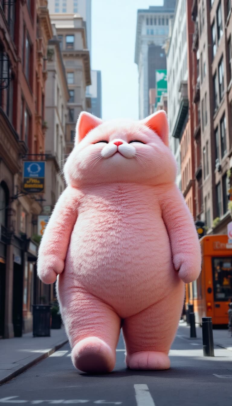 AI generated: a surreal photo of a really gigantic cute cat plushie walking though the narrow streets in New York ...