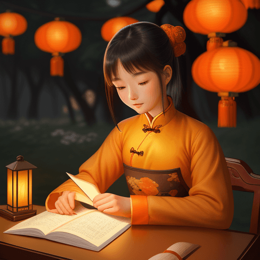 AI generated: chinese illustration of a girl reading a book on a table with lantern, in the style of light beige a...