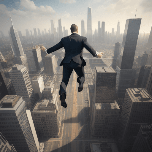AI generated: Business man jumping hurdle of city skyline buildings, octane render, trending on artstation, t symm...