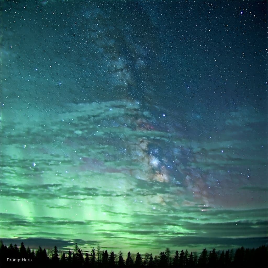 AI generated: clear night sky full of stars and nothern lights upon a clear in the forest with pine trees
