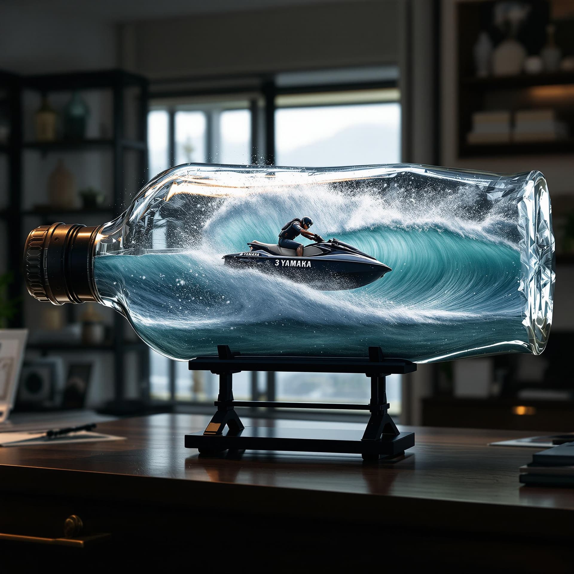 AI generated: A realistic ship in a bottle, featuring a black Yamaha 3 seat jet ski jumping a big wave. The scene ...