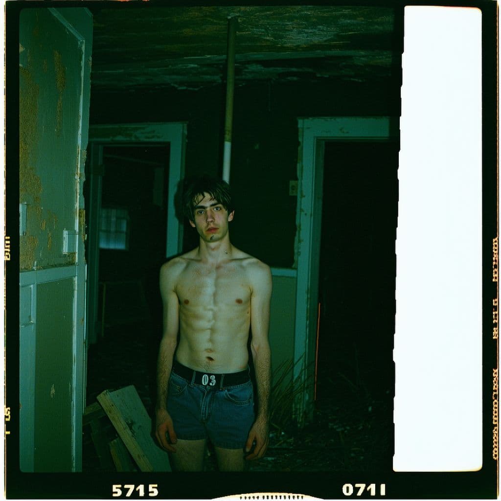 AI generated: grainy 80's photograph quality polaroid of smosh suicide caught in an abandoned house, dark