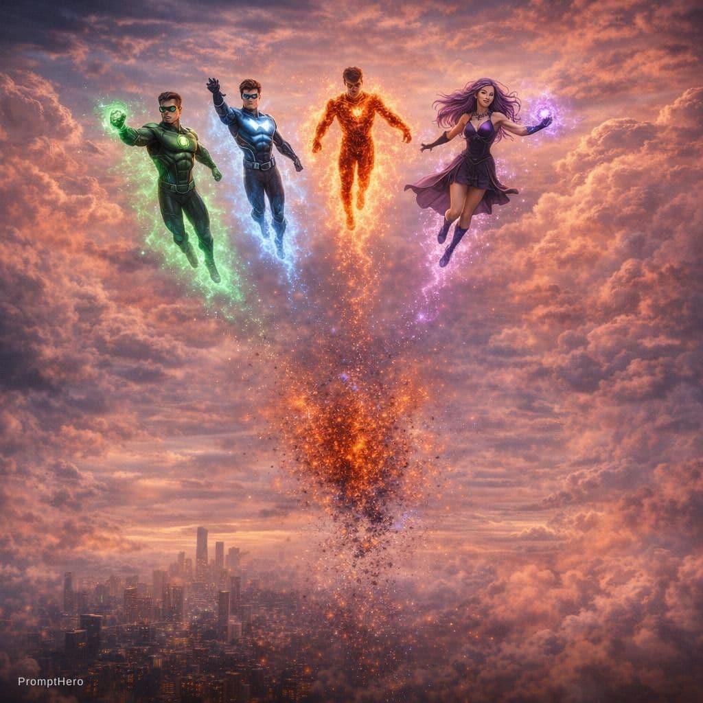 AI generated: Make all the heros fly in the sky, then the villain should vanish completely with a nice effect 