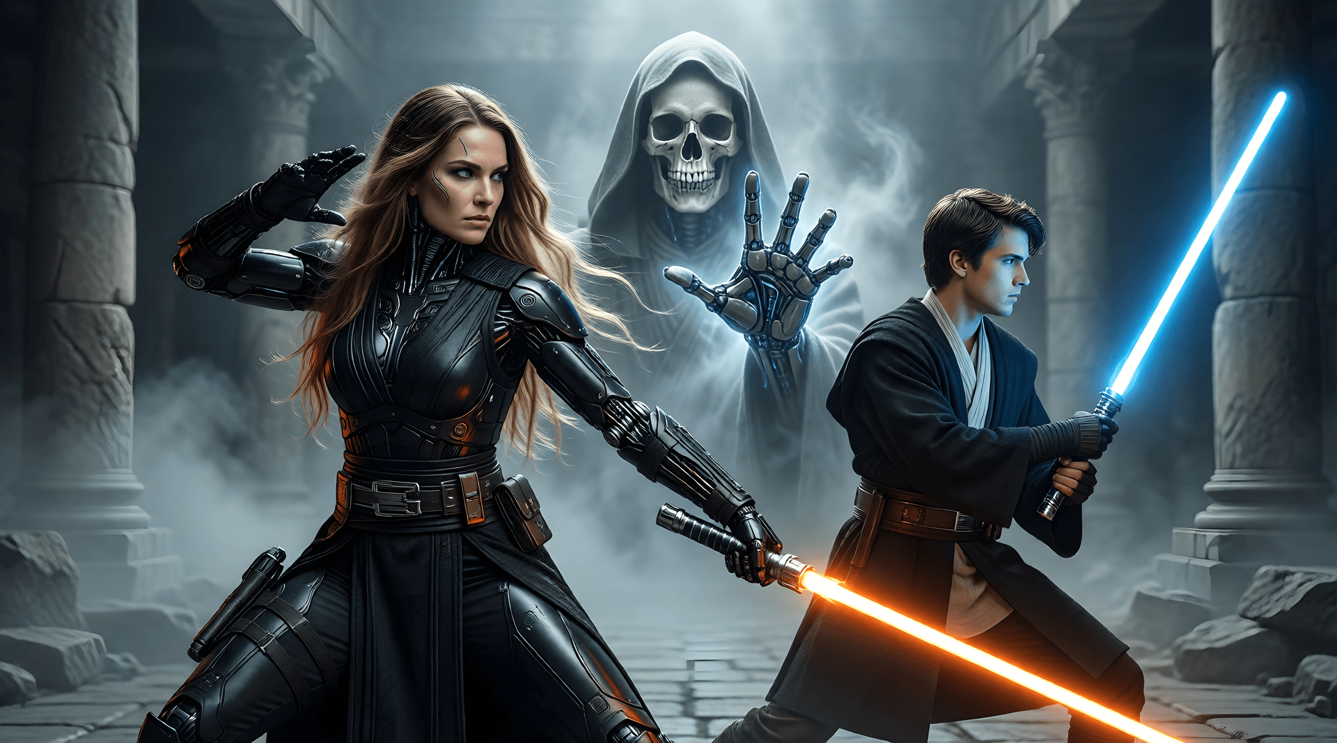 AI generated: biomechanical cyberpunk  Fullbody Mestra Jedi__, cabelos longos, loiros e com vestimentas negra cola...