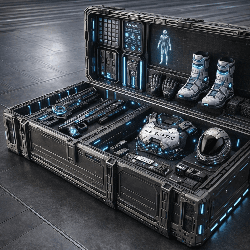 AI generated: The reference image is my doubled-length weapon and gear crate, and an opened single-length crate. C...