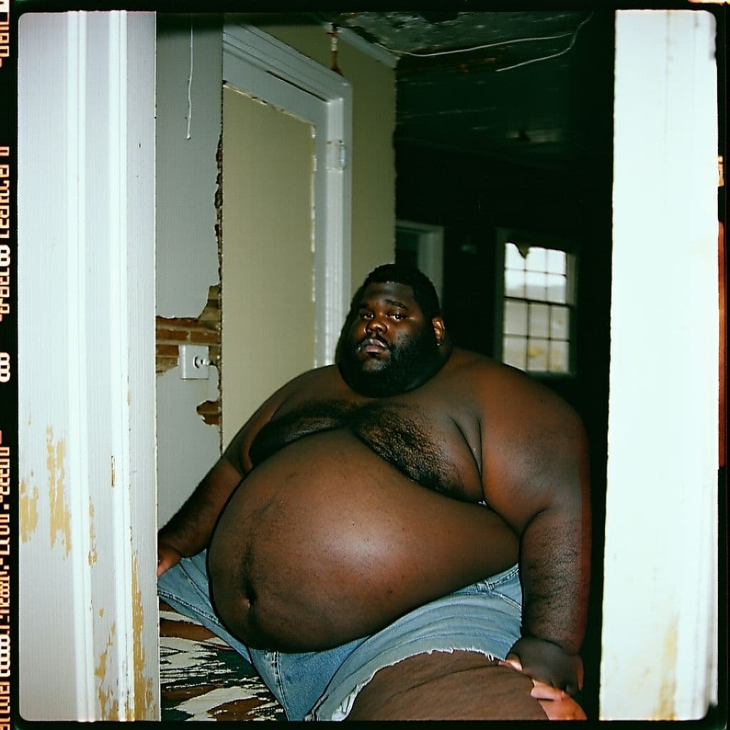 AI generated: grainy 80's photograph quality polaroid of big fat round black man suicide caught in an abandoned ho...