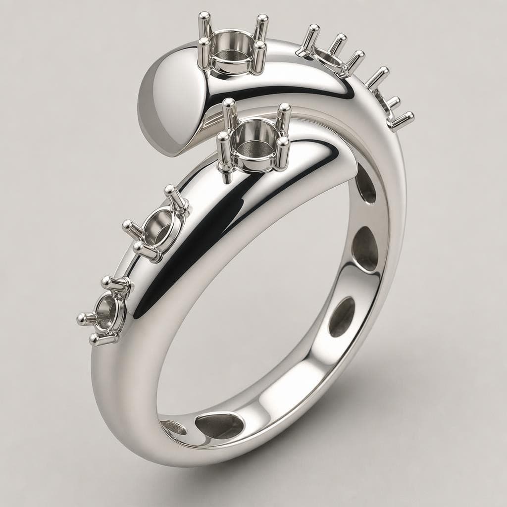 AI generated: Luxury contemporary fine jewelry ring design featuring two flowing asymmetrical curved bands that wr...