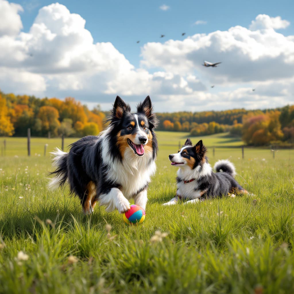 AI generated: high-resolution, high-definition, ultra-realistic photograph of a bi-black shetland sheepdog playing...