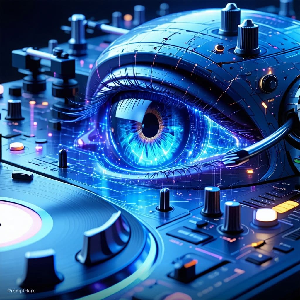 AI generated: A massive holographic cybernetic eye embedded into a pair of classic Technics turntables, forming th...