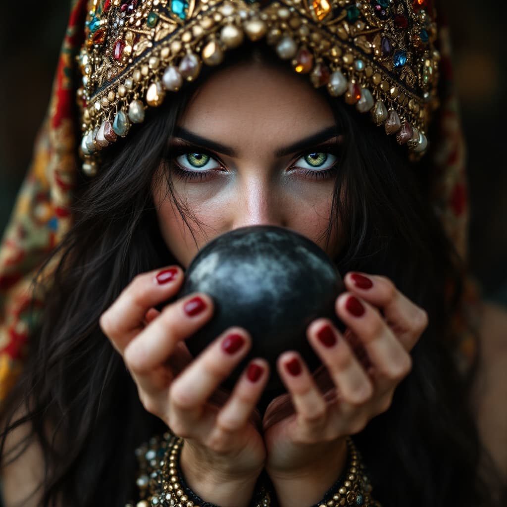 AI generated: hyper realistic photograph of A female fortune teller with long dark hair and green eyes, wearing an...