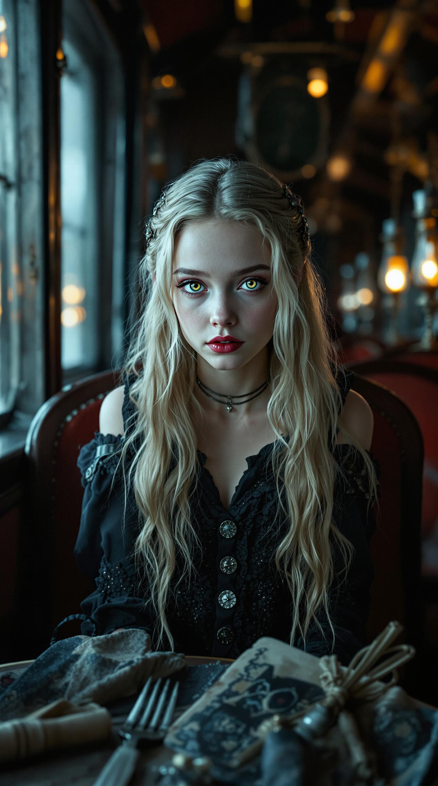AI generated: a professional photo of a eleven year old vampire girl (Sara Howard), (futuristic),(masterpiece), (r...