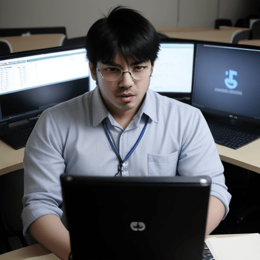 AI generated: a man siting using computer and very angry , at cybercenter college, around have lot people also usi...