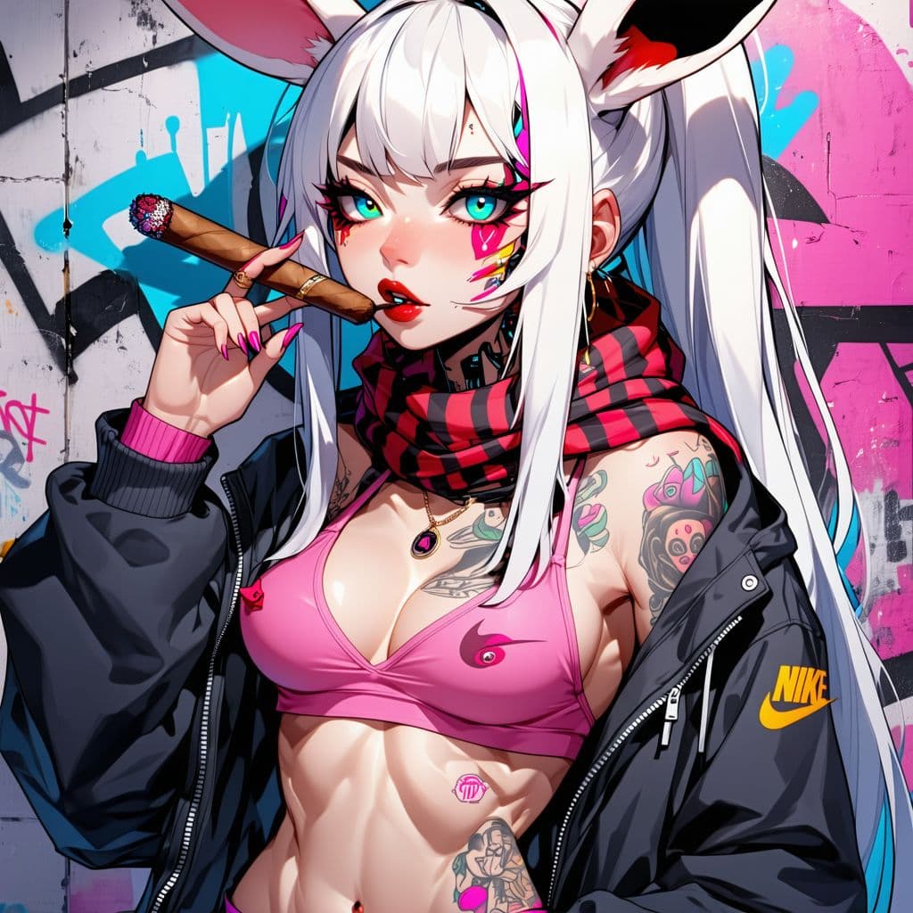 AI generated: anime illustration,extreme detail,1woman,Asian American,neon blue eye,one robot eye,rabbit ears, tan...