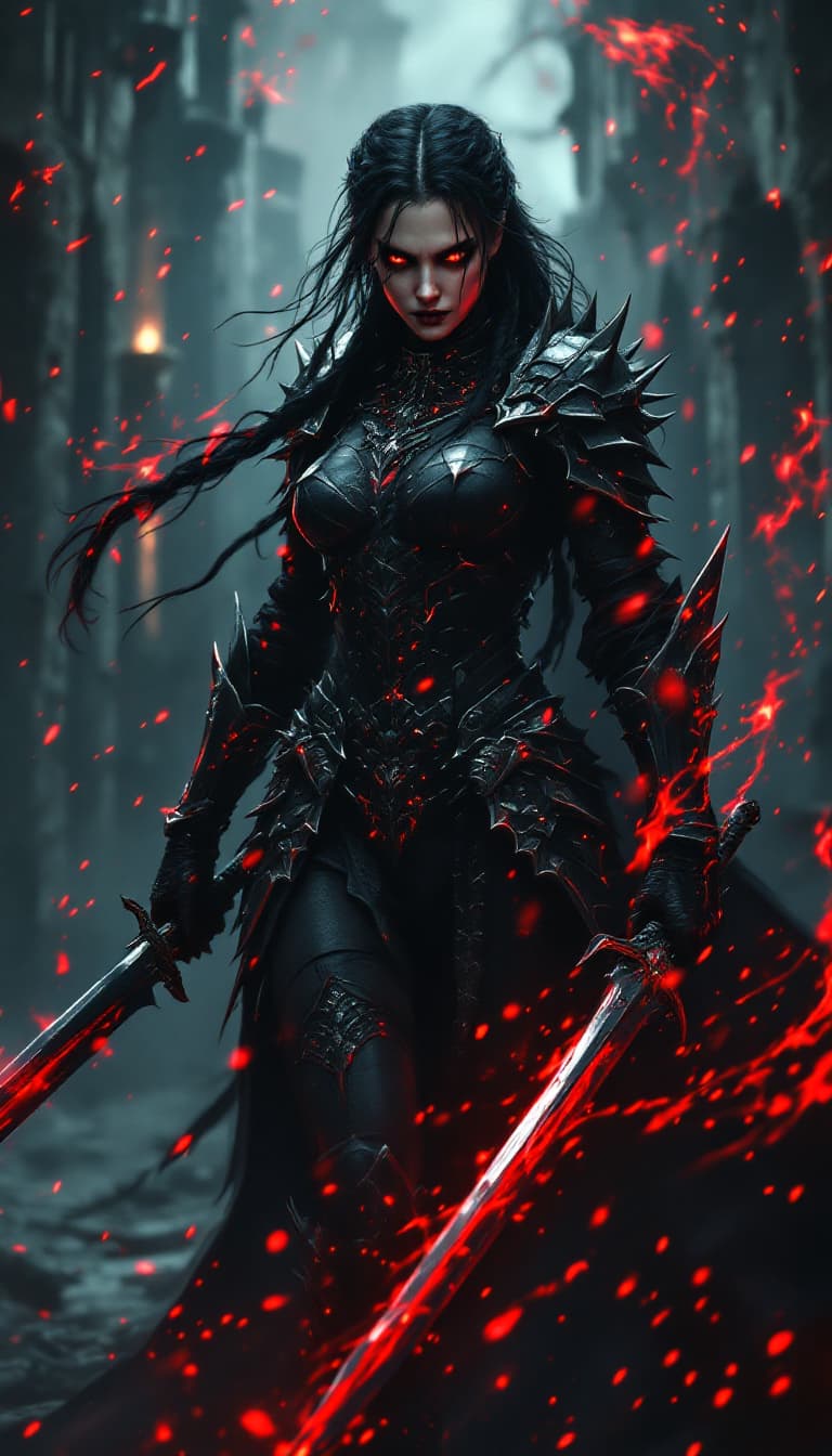 AI generated: Dynamic angle, full body view, realistic, female demon hunter, long, braided black hair, spiked goth...