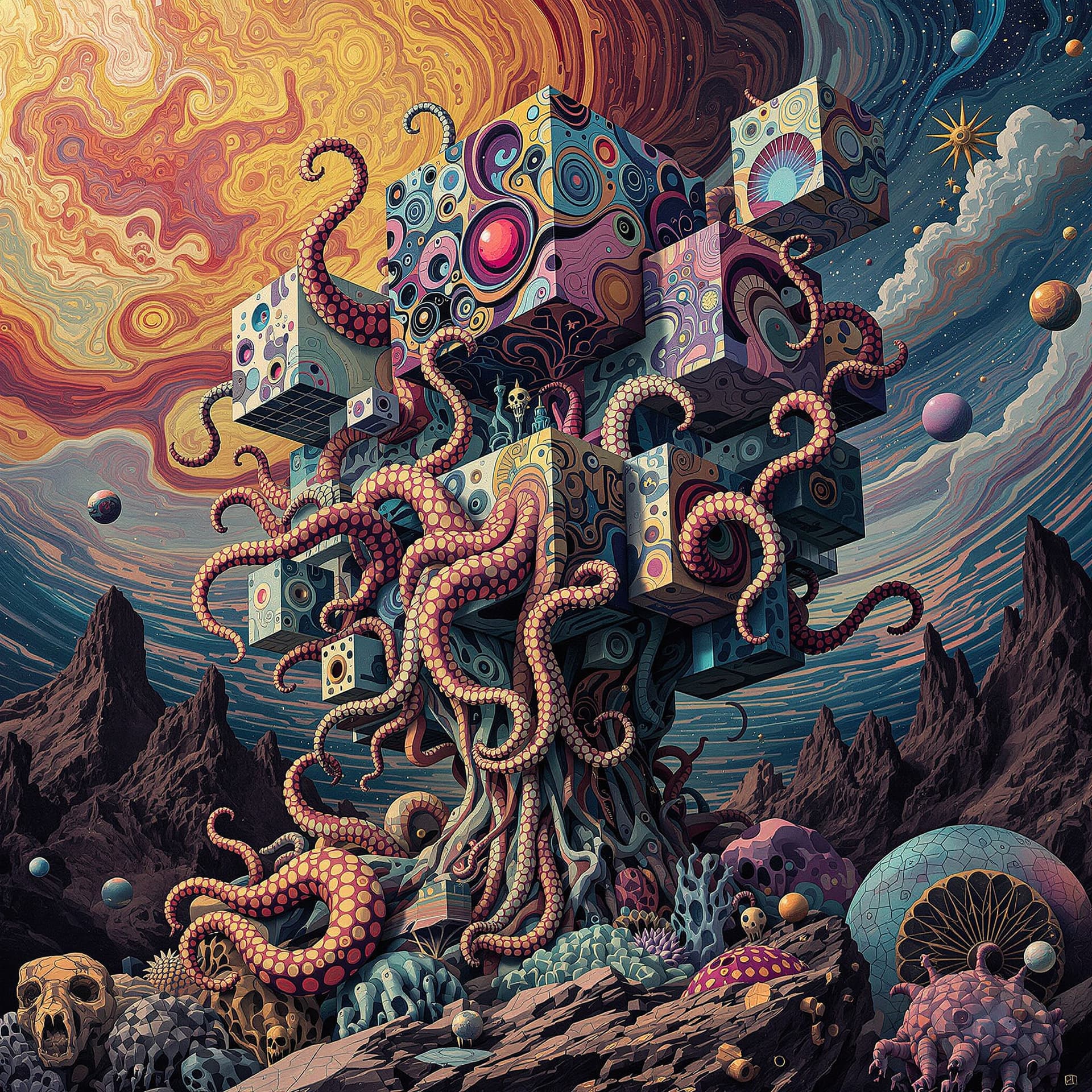 AI generated: psychedelic, surrealist abstract sculpture, floating cubic sculptures layered with elaborate swirlin...