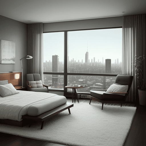 AI generated: A cozy, tranquil bedroom with a serene mood in the mid-century modern design style with a cityscape ...