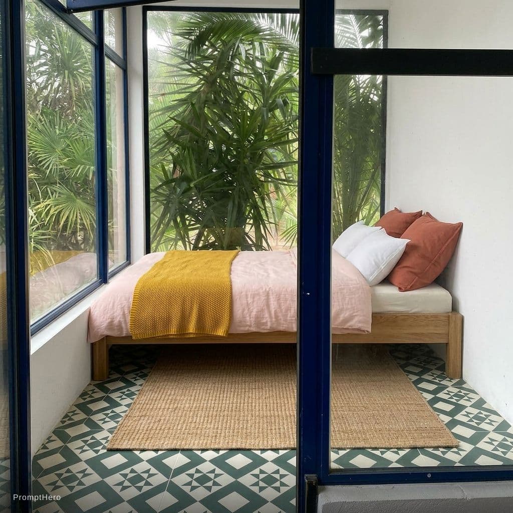 AI generated: Add this bed to the end of the room. it fills the end of the room from left to right. The cushions o...