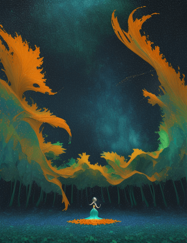 AI generated: A  sea of vibrant green blue, The lone girl peaceful romantic leaf blowing , surrounded by elements ...