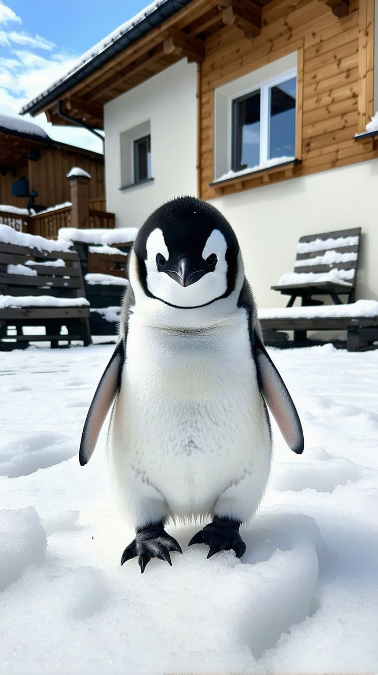 AI generated: An adorable baby emperor penguin with a round, fluffy body covered in thick dark gray feathers. Its ...