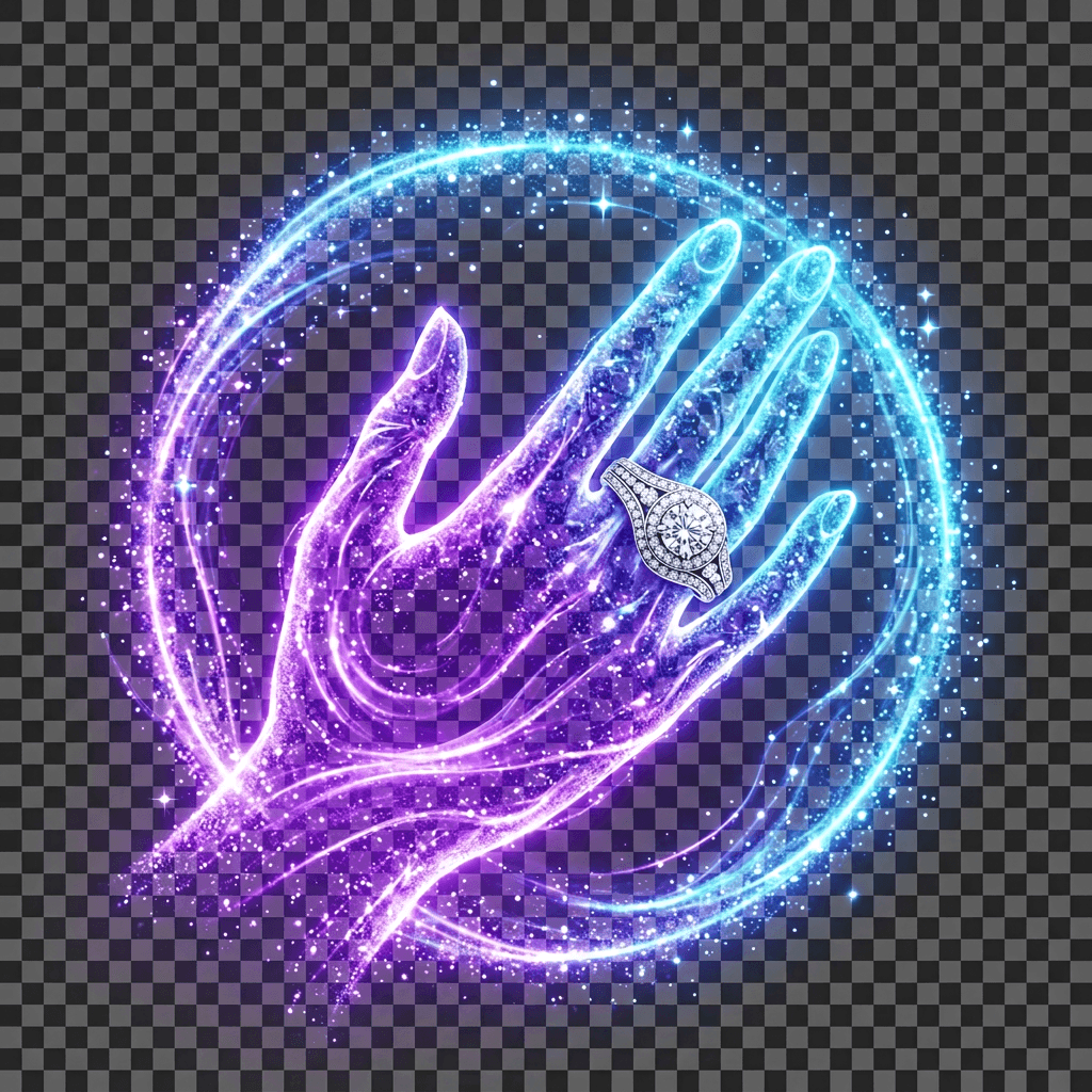 AI generated: "Circular ethereal energy hand radiating brand gradient (#B93AF4→#32CDF0), diamond-encrusted platinu...