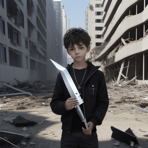 AI generated: a boy holding a high tech blade stands in front of a collapsed buiding