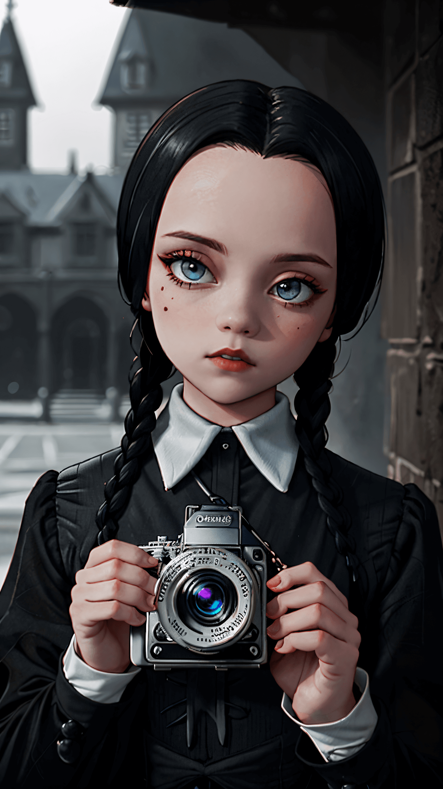 AI generated: (best quality, masterpiece, photorealistic:1.1) , (cute Wednesday Addams:1.1), wednesday90, Perfect ...