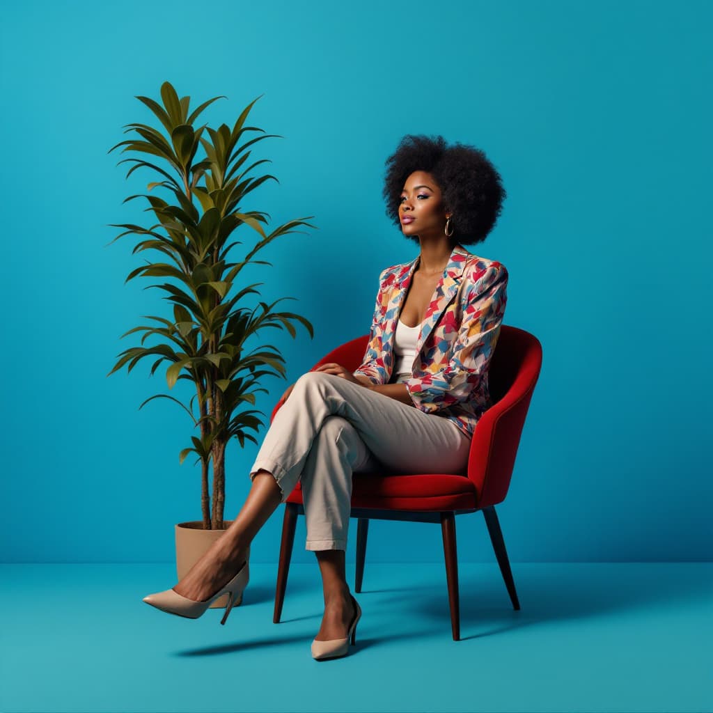 AI generated: image of a afro american lady from the 80s sitting on a chair with a tall plant next to her . the fl...