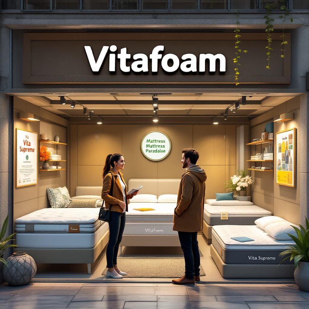 AI generated: A " Vitafoam" shop outlet with a customer negotiating a price of vita supreme mattress, showcasing t...