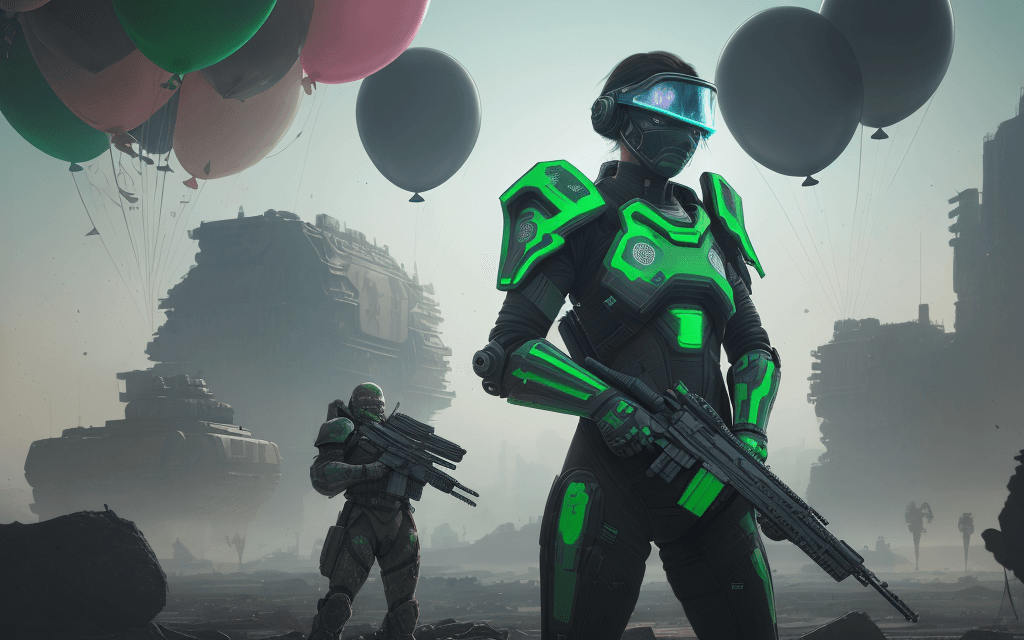 AI generated: brutal man warrior stands and holding a M41A Pulse Rifle in her hands, after the battle, looking int...