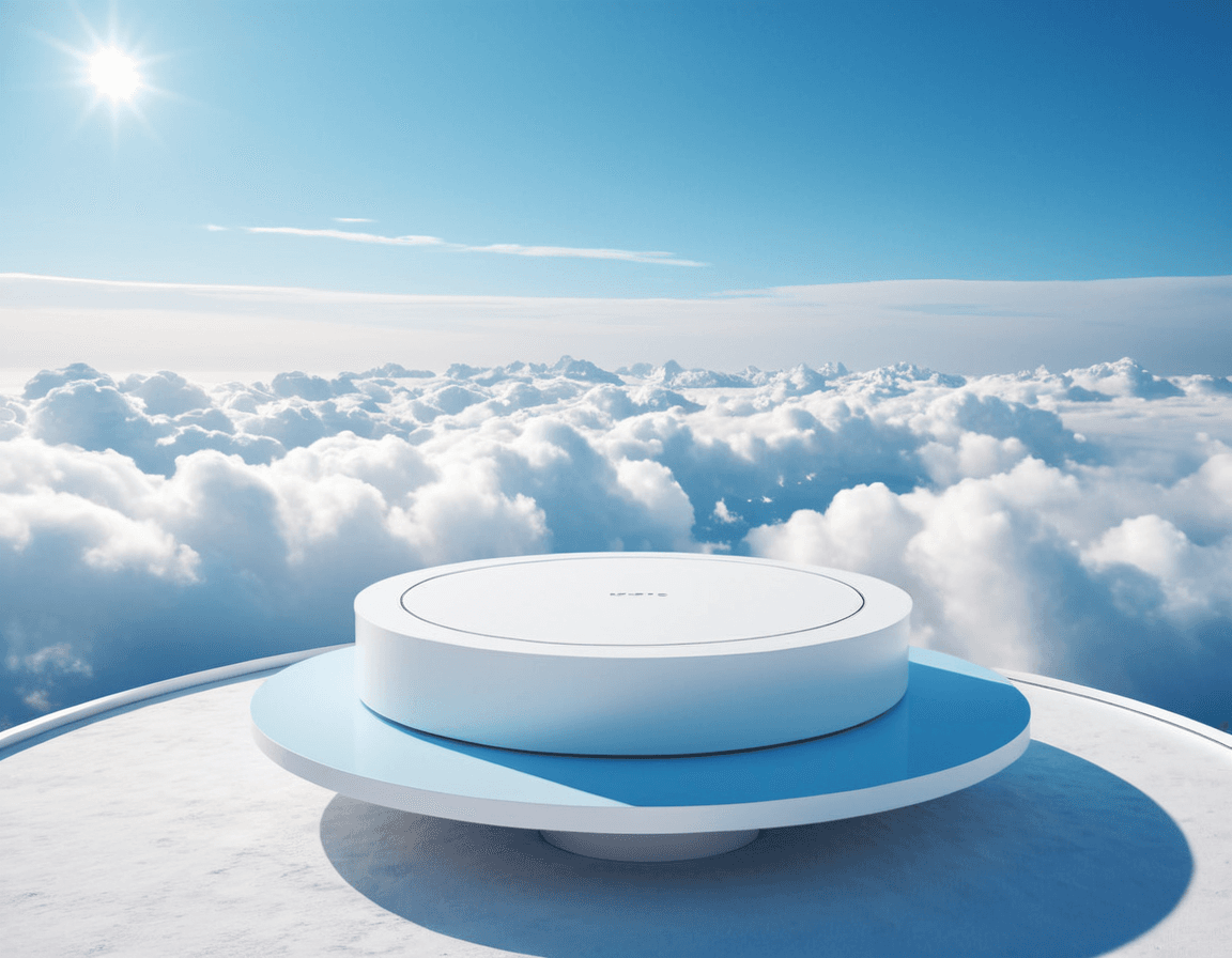 AI generated: a white platform in the middle of the clouds, trending on cg society, sky blue and white color schem...