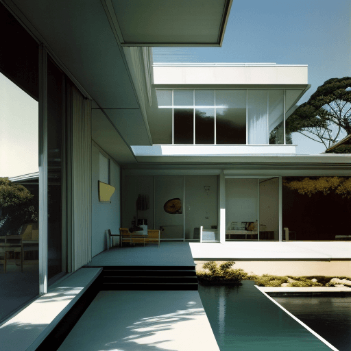 AI generated: Hyper realistic eye level exterior photo of a mid century modern style house overlooking the ocean, ...