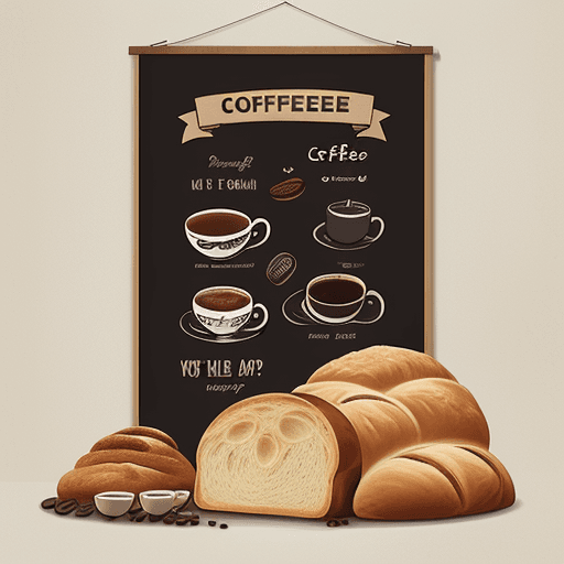 AI generated: a poster ,have a complete"wish coffee"for main theme, on the top, and bread for decorate  ,more cute...