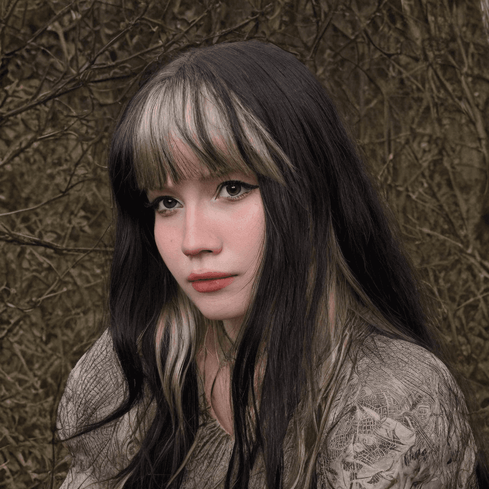 AI generated: Raw face Shini, looking forward, sitting in old wood house, hair rippling in the wind, european woma...