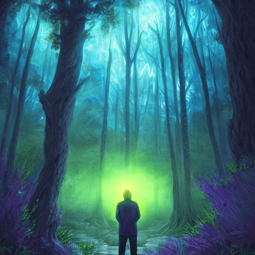 AI generated: A painting of a man standing in front of a misterious and mysthical celtic forest with very luminous...