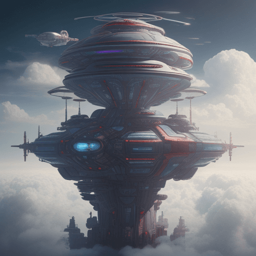 AI generated: futuristic structure which is floating on top of the clouds, red and blue color schema, in the style...