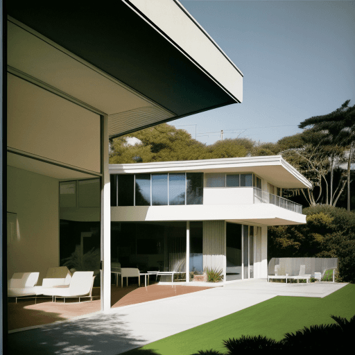 AI generated: Hyper realistic eye level exterior photo of a mid century modern style house overlooking the ocean, ...