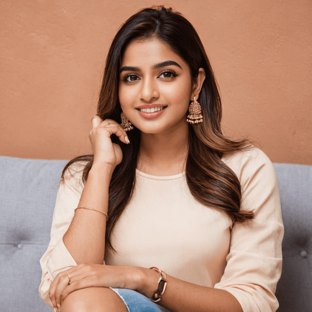 AI generated: "A photorealistic portrait of a 22-year-old Indian woman smiles confidently at the camera, with long...