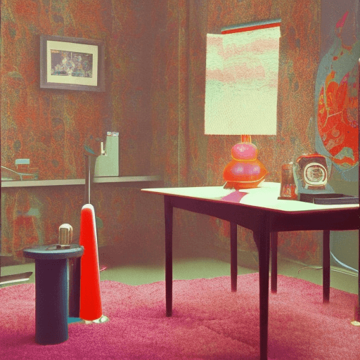 AI generated: 1970's aesthetic, lava lamp sitting on table, shaggy carpet, ashtray, vibrant