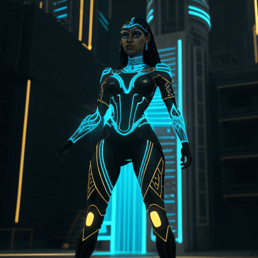 AI generated: "Egyptian Warrior woman TRON style black and blue glowing dress in computer themed city. 8K resoluti...