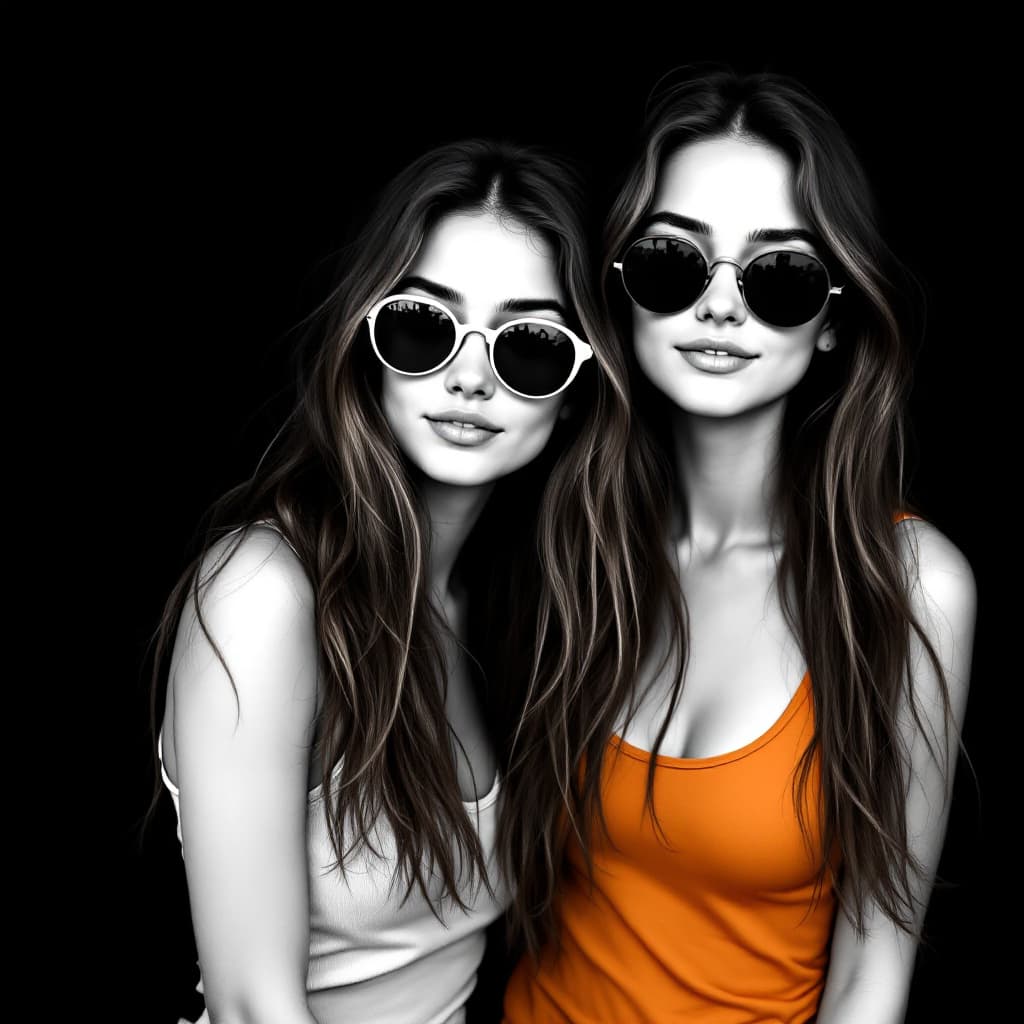 AI generated: This is a digital drawing in a detailed,black and white, realistic style. It features two young stun...