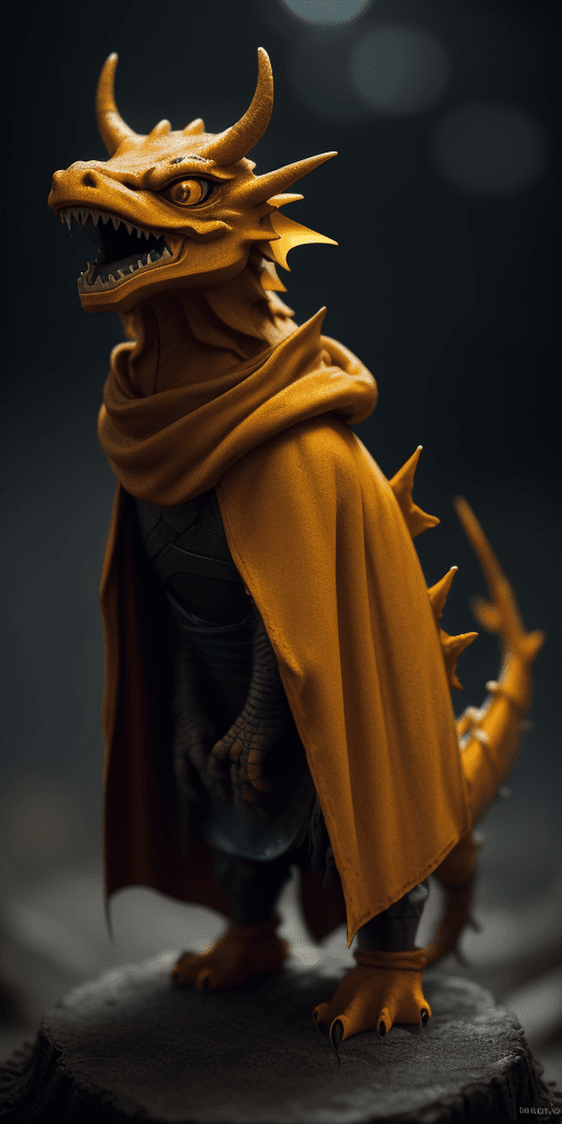 AI generated: cinematic film still awardwinning photo cute yellow dragon, rust, epic, wearing cultist cloak, full ...