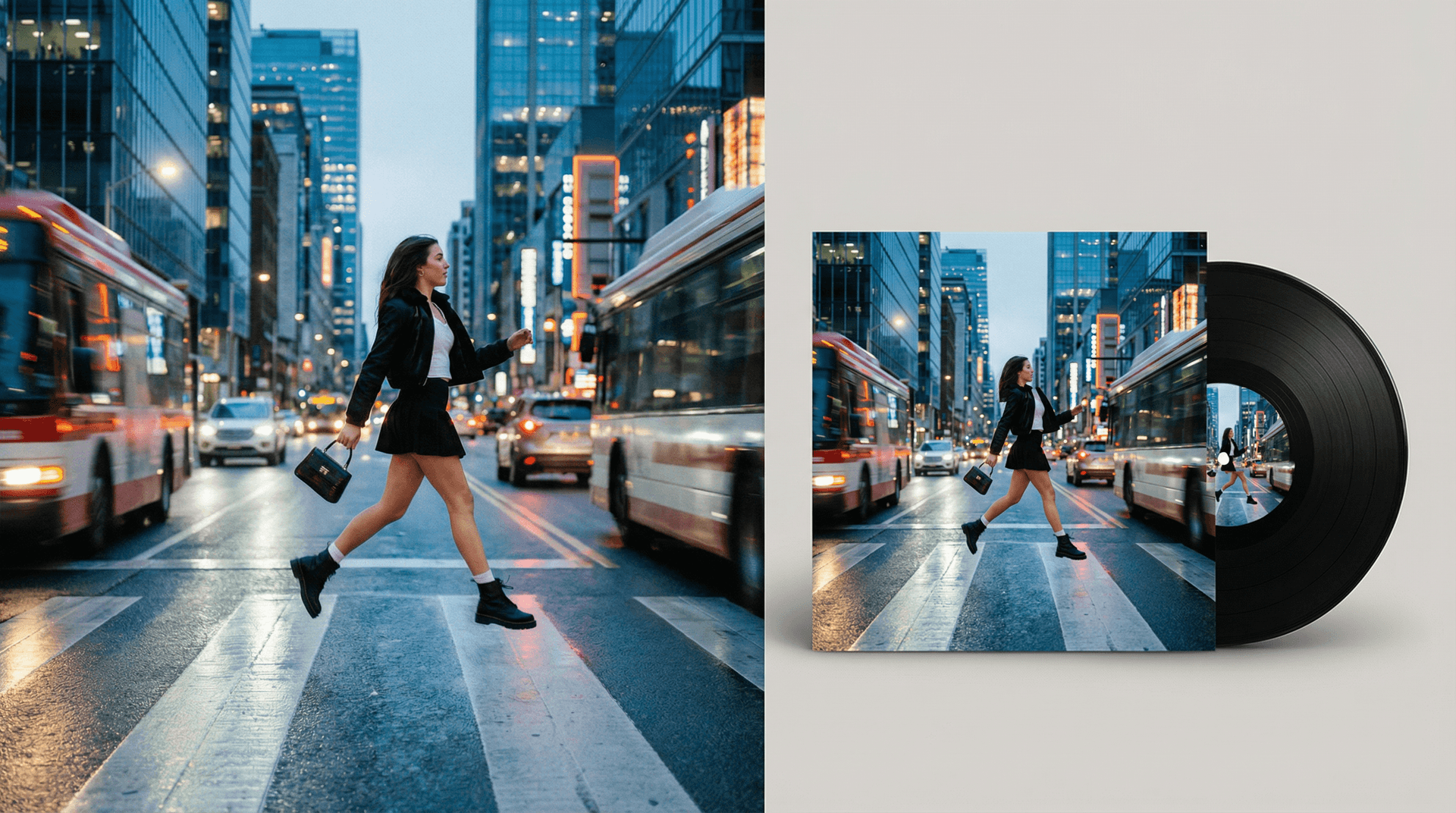 AI generated: split the image between these images, on the right side the vinyl, on the left side the girl