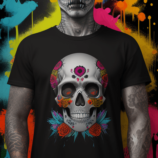 AI generated: A striking t-shirt design featuring a detailed skull with intricate patterns and bold colors, inspir...