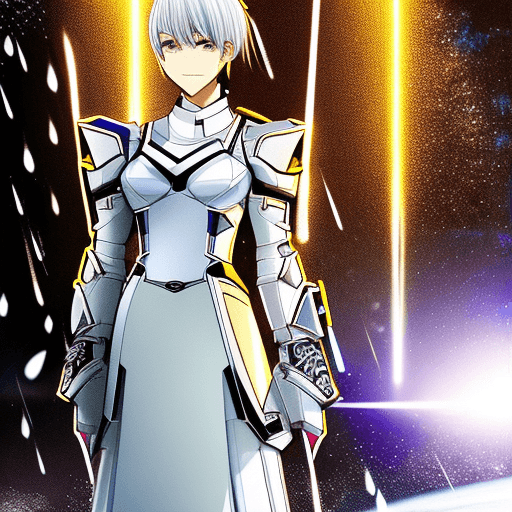 AI generated: girl wearing gundam armor, her short white hair is blowing in the wind, its a dark rainy night, shes...