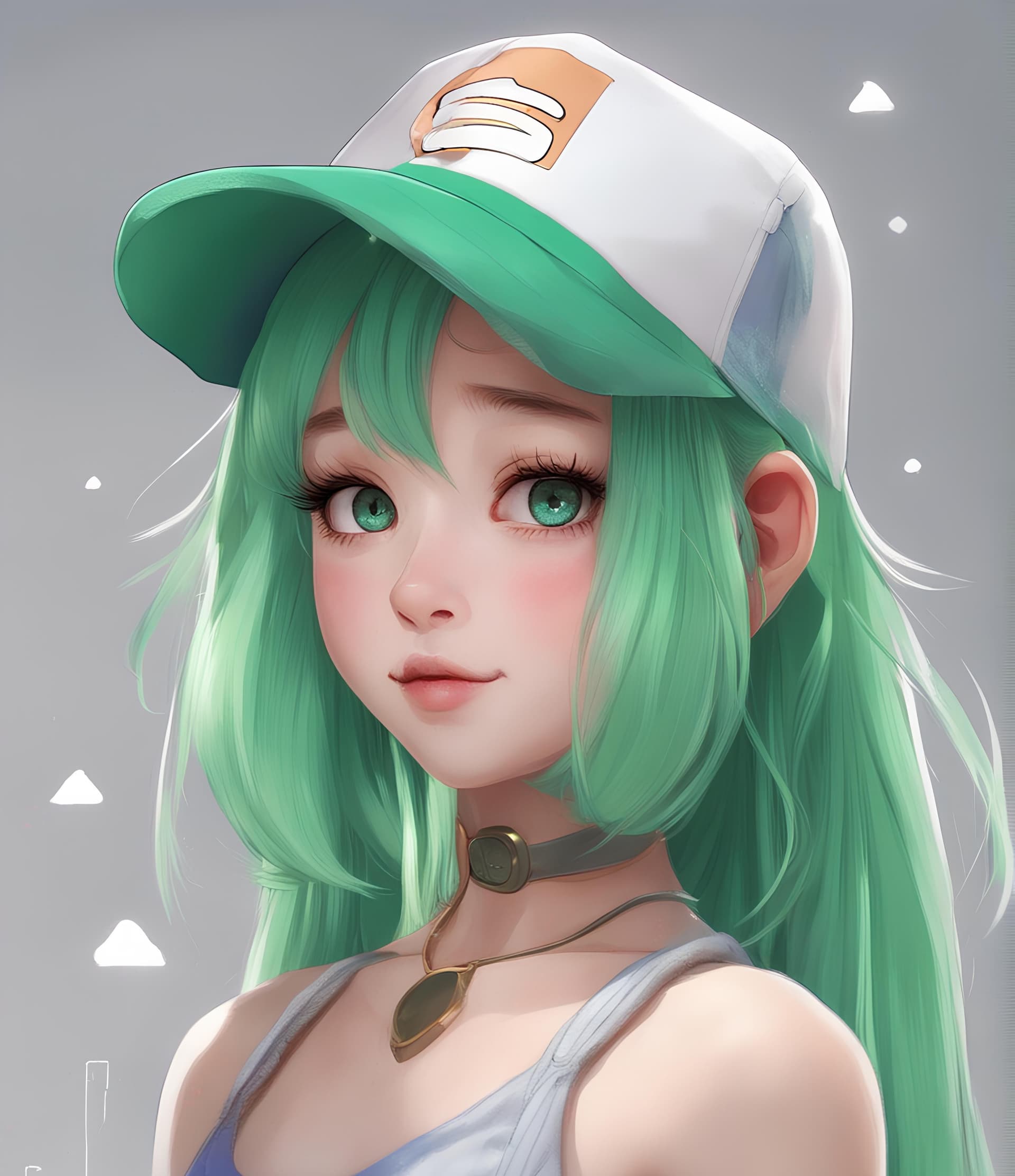 AI generated: a woman with long green hair wearing a hat, an anime drawing, inspired by Ross Tran, trending on pix...