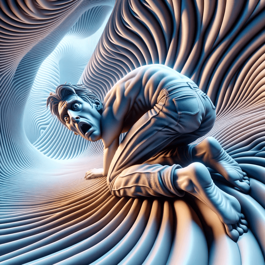 AI generated: A surreal, 3D Blender-style artwork depicting a man in an unrealistic, twisted posture. His face exp...