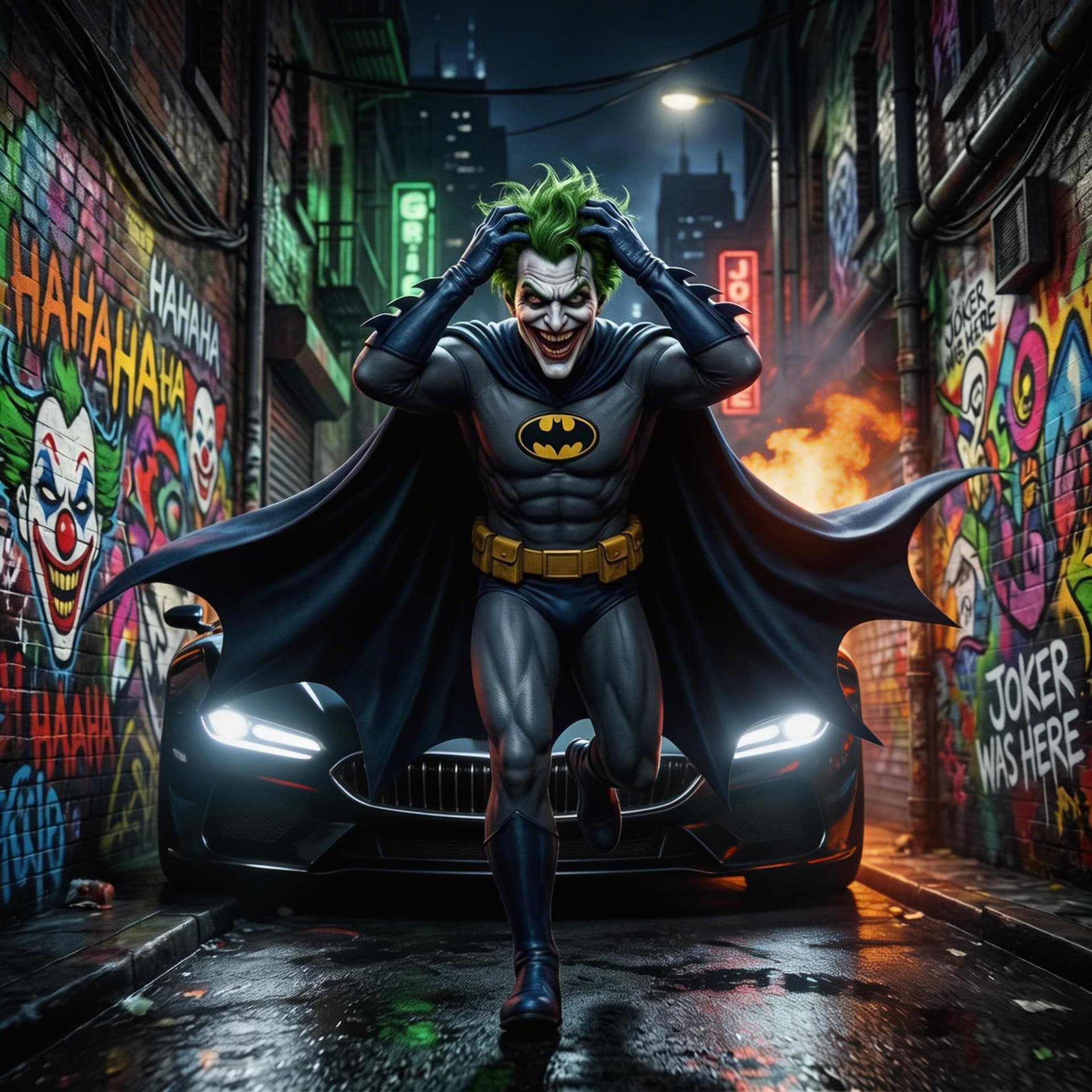 AI generated: 3d illustration of the Joker wearing comic book batman costume THE batman COSTUME suit has unmasked ...