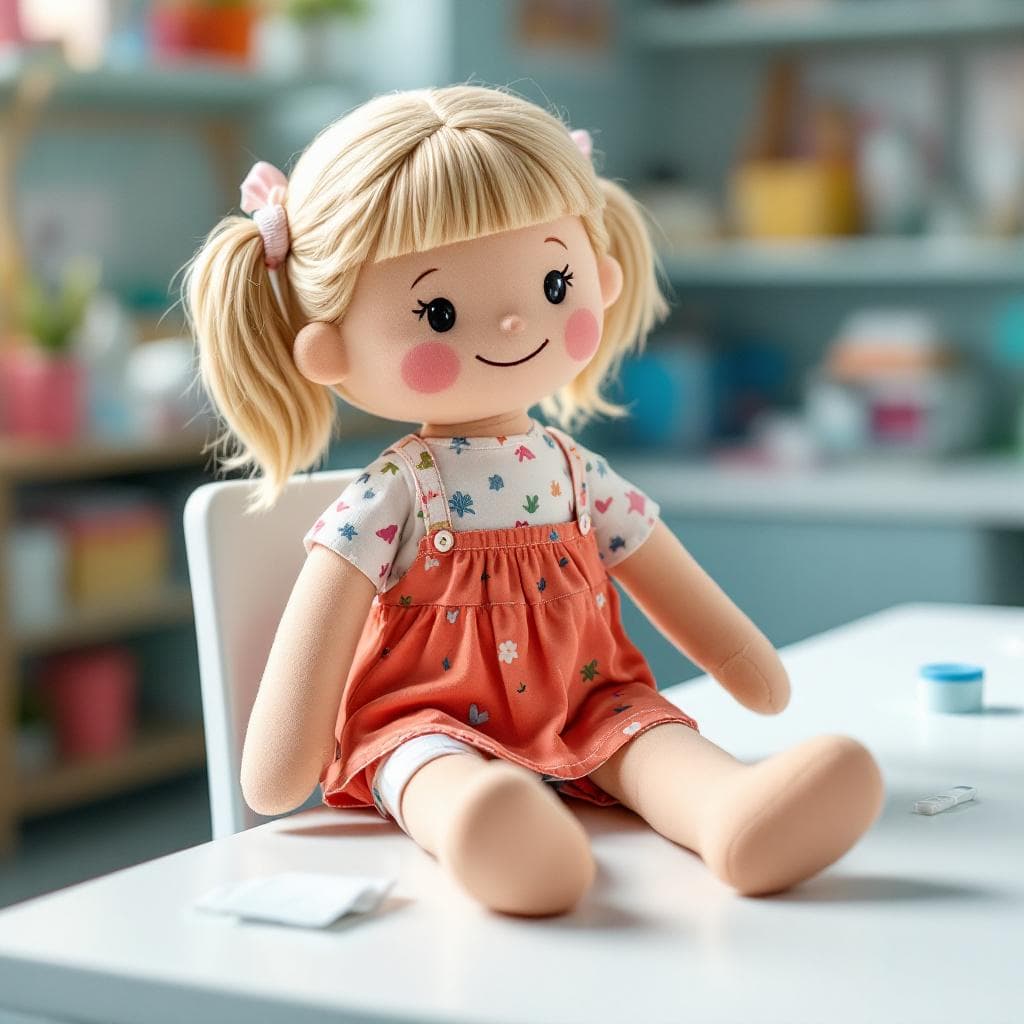 AI generated: A 50 cm tall educational rag doll designed for children to learn about blood tests. The doll has a s...