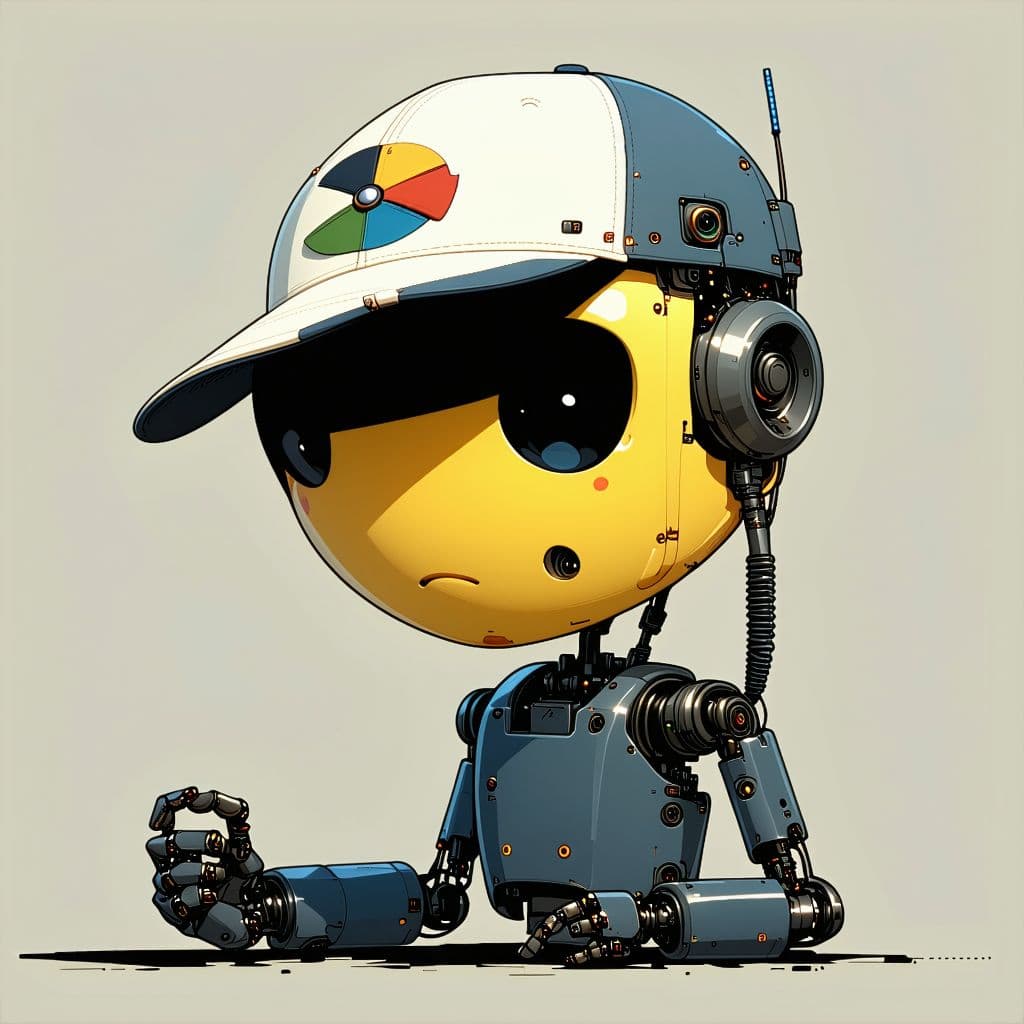 AI generated: Anyman Fred, Yellowish skinned cartoon head, no torso, baseball cap with small alternating multicolo...