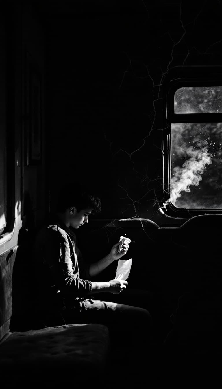 AI generated: The train car becomes cracked and dark, walls are now black and white.

Action:

The young man sits ...